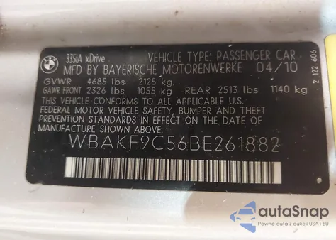 2011 BMW 335I xDrive из США, поврежденный, VIN WBAKF9C56BE261882